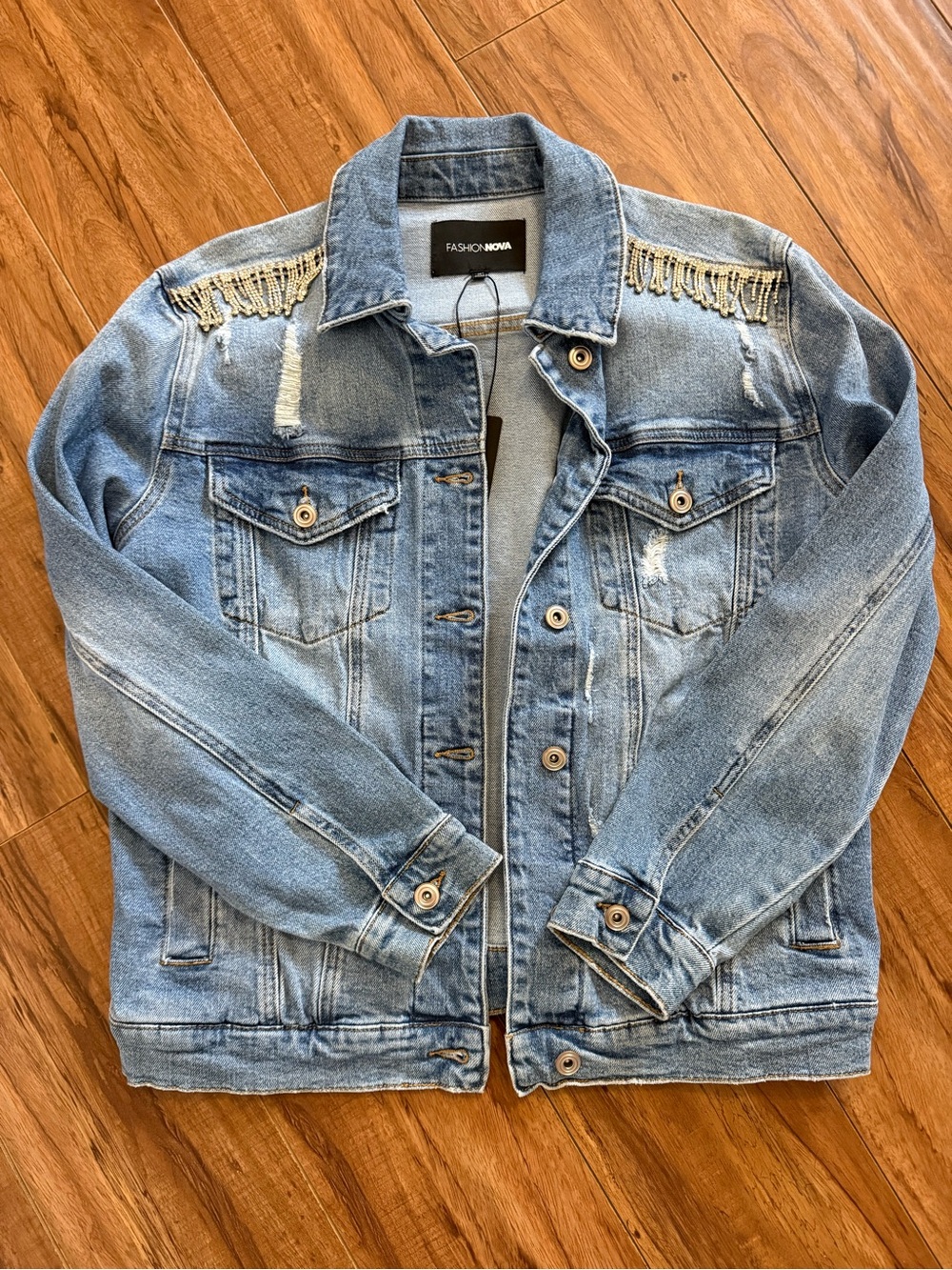 Fashion Nova Blue Denim Jacket with Embellished Shoulders